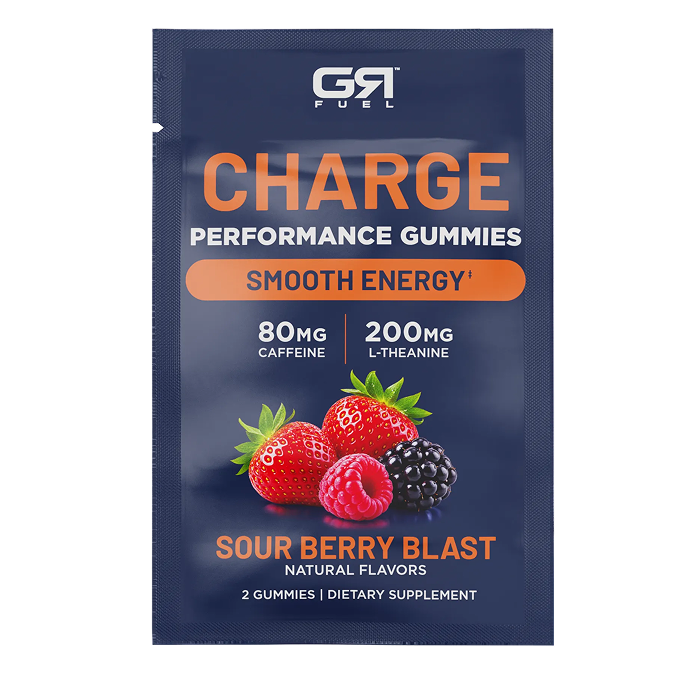 A single packet of G4 Fuel Charge Performance Gummies in Sour Berry Blast flavor, featuring a dark navy blue background with orange and white text and illustrations of berries.