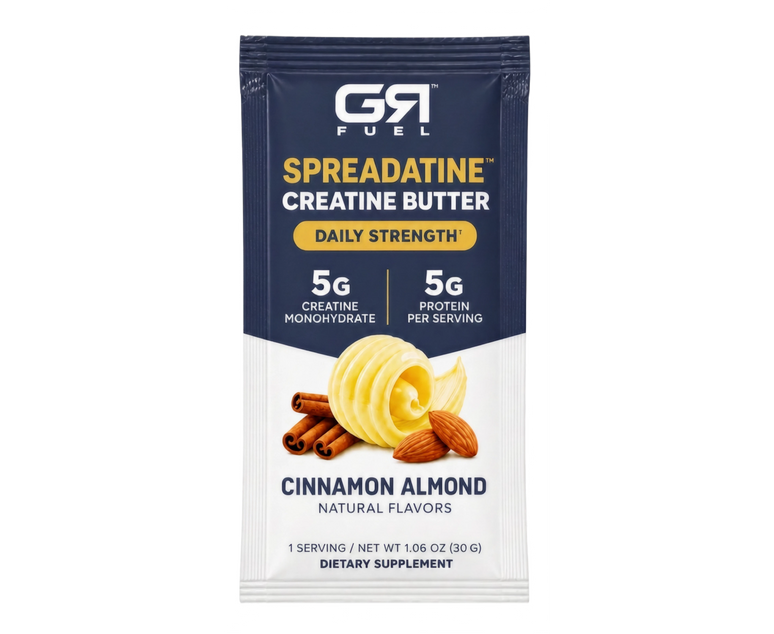 A single packet of GR Fuel Spreadatine Creatine Butter in Cinnamon Almond flavor, shown against a plain white background.