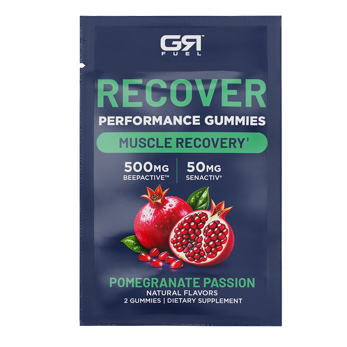 A single packet of G4 Fuel Recover Performance Gummies, Muscle Recovery flavor, featuring a dark navy blue background with green and white text and an illustration of red pomegranates.