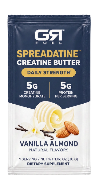 A single packet of GR Fuel Spreadatine Creatine Butter in Vanilla Almond flavor. The packaging is navy blue and white with yellow text, featuring illustrations of a swirl of butter, vanilla beans, and almonds.