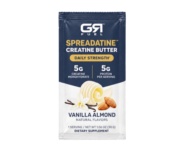 A single packet of G4 Fuel Spreadatine Creatine Butter in Vanilla Almond flavor, shown on a plain white background. The packaging is navy blue and white with yellow text and illustrations of vanilla, almond, and cream.